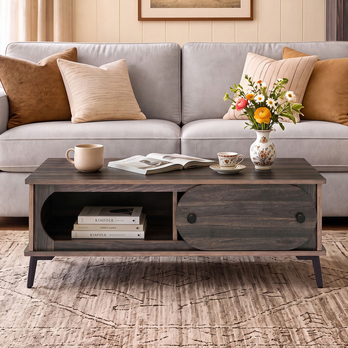 Modern Wooden Center Table with 2 Compartments and Sturdy Metal Legs for Living Room, Walnut