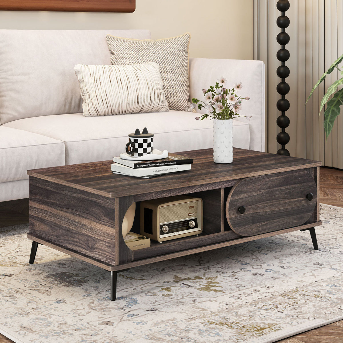 Modern Wooden Center Table with 2 Compartments and Sturdy Metal Legs for Living Room, Walnut