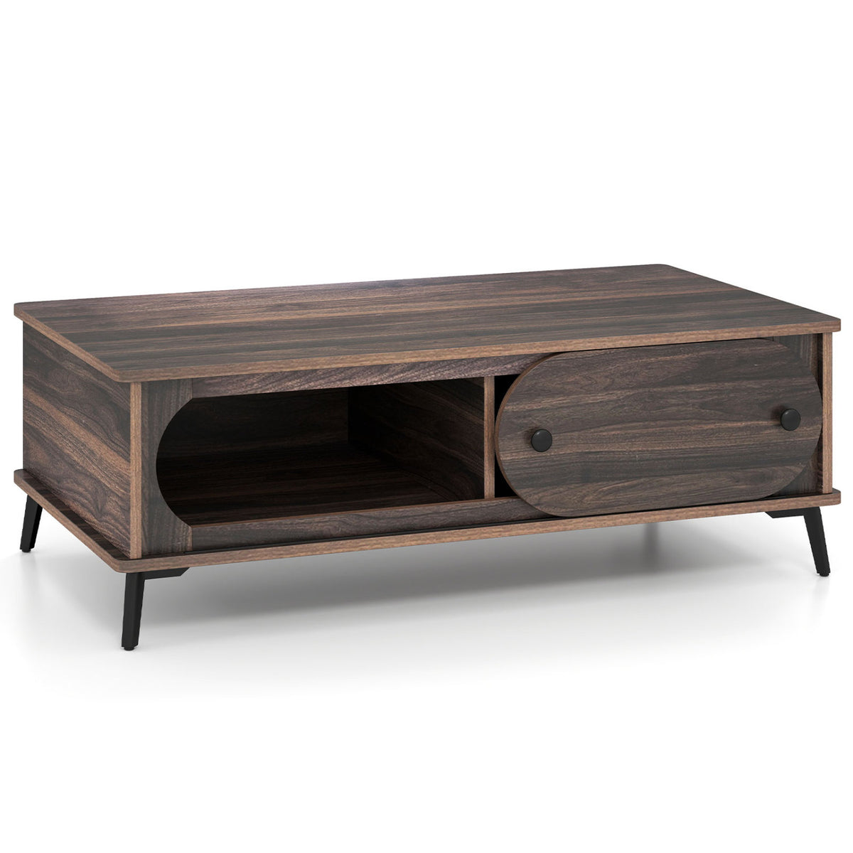 Modern Wooden Center Table with 2 Compartments and Sturdy Metal Legs for Living Room, Walnut