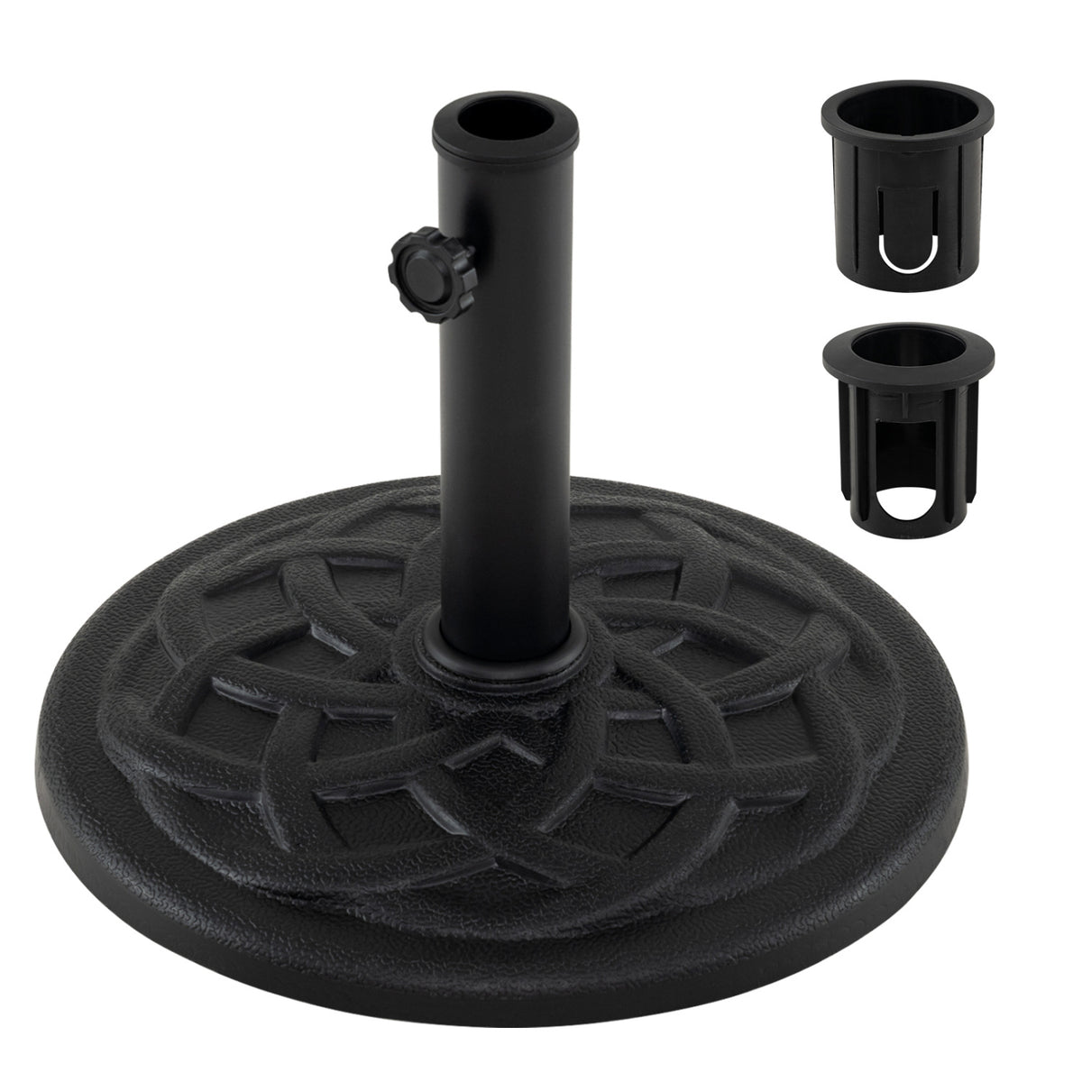 Black round umbrella base with two separate pole adapters displayed beside it.