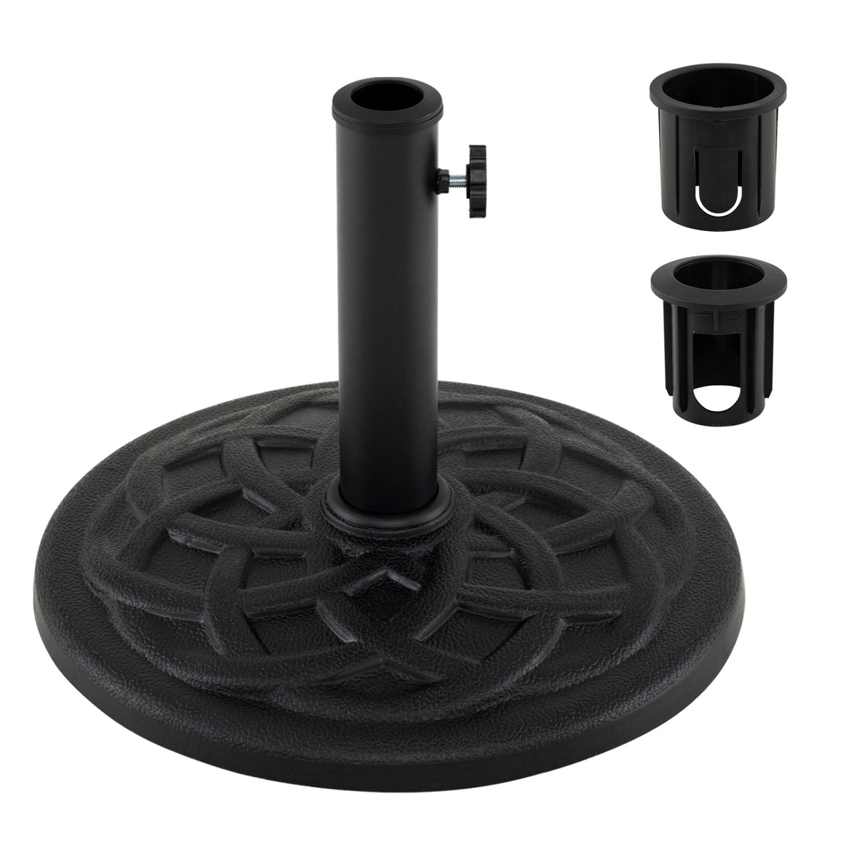 Umbrella base shown from another angle, with its side knob and two adapters visible.