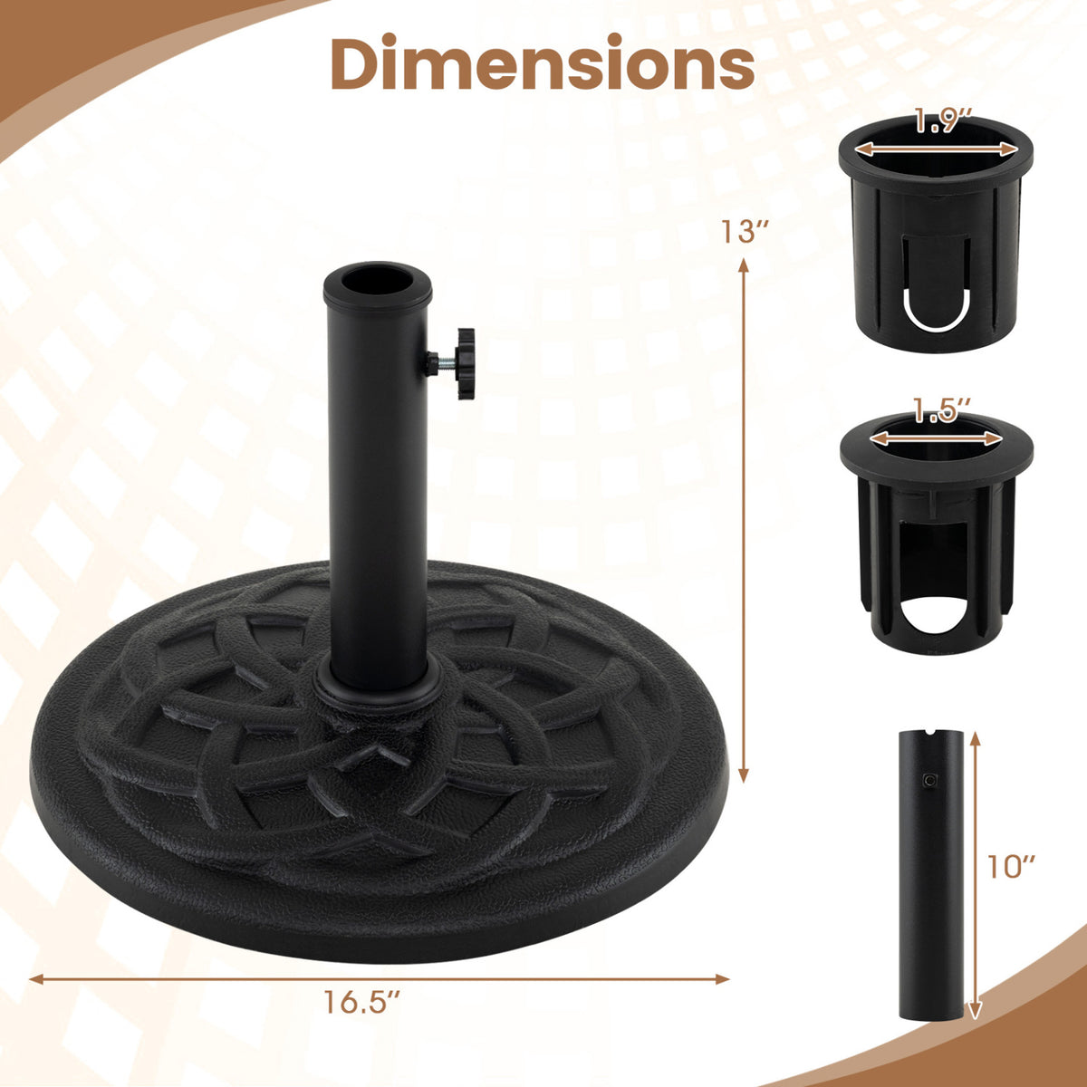 Black round umbrella base with a central pole holder, adapters, and measurement arrows.