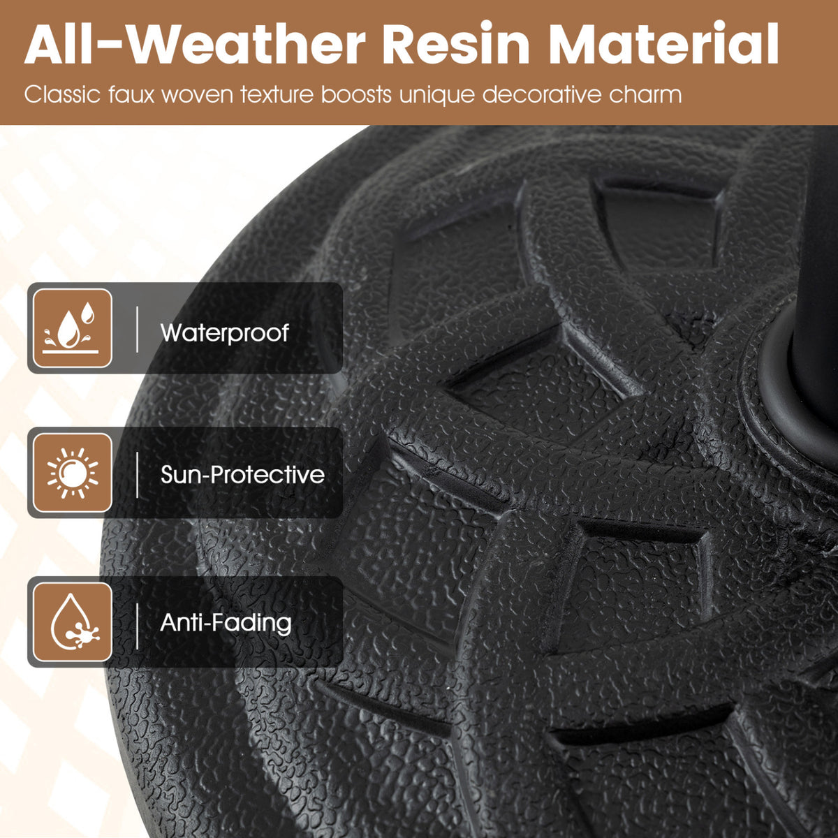 Close-up of the black base’s raised woven-look surface and decorative grooves.
