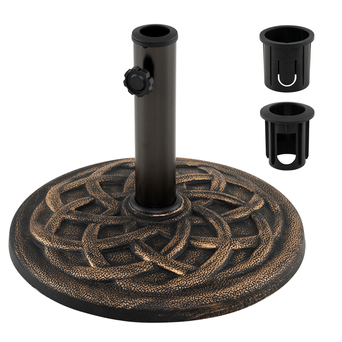 Round textured base with a central pole holder and two black adapter inserts on a white background.