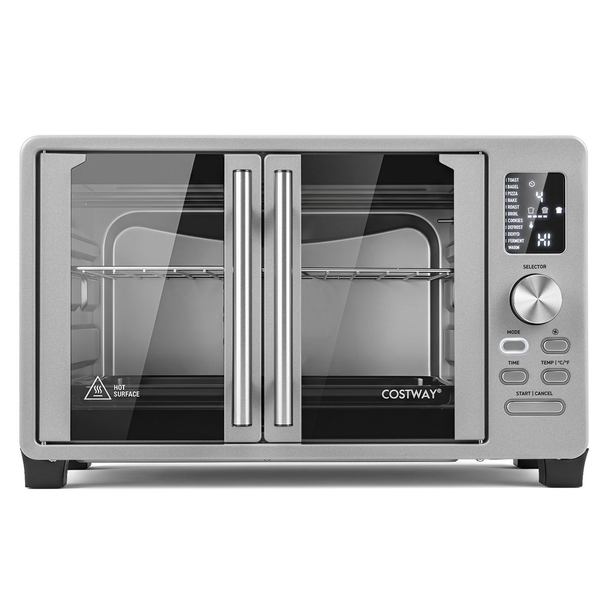 Straight-on view of a silver French-door toaster oven with an empty interior and control panel.