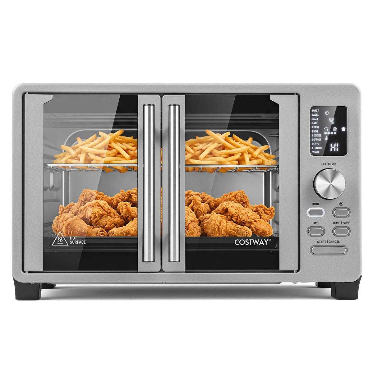 Silver French-door toaster oven shown with fries on the upper rack and fried chicken below.
