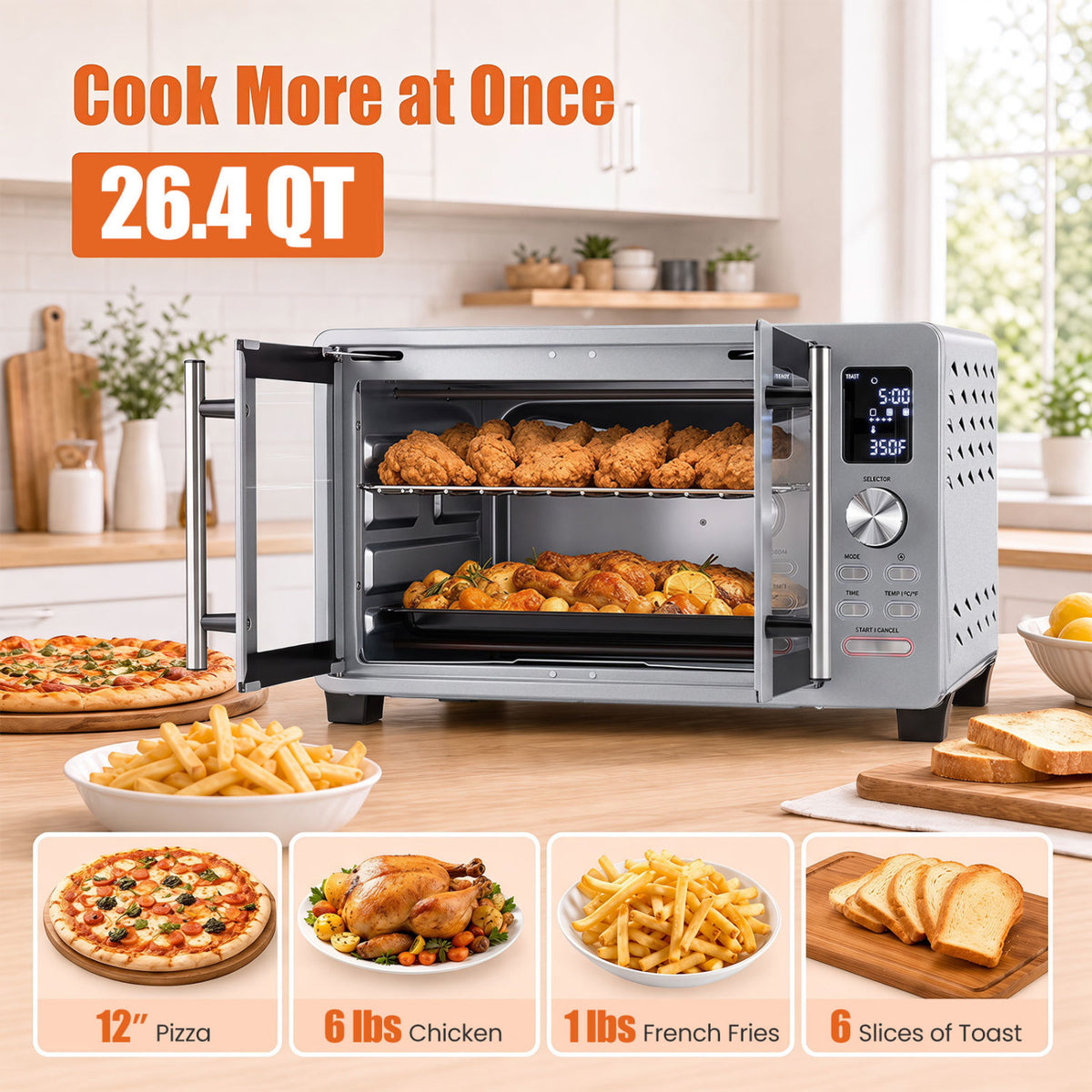 Open countertop oven holds trays of fried chicken and roasted food, with pizza, fries, and toast displayed nearby.
