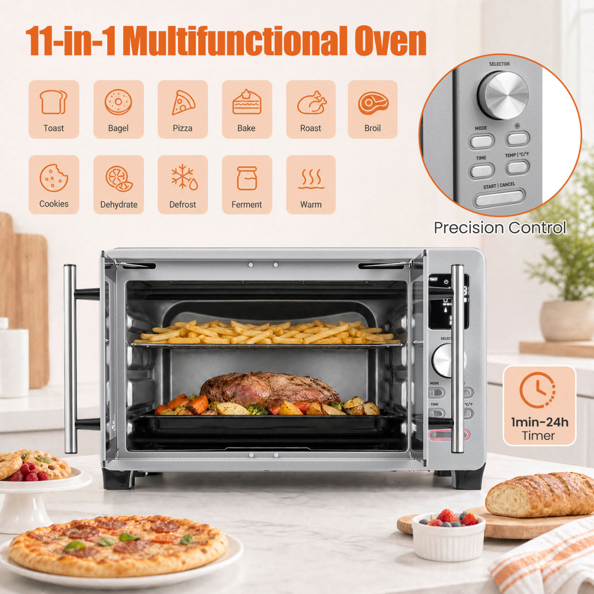 Open oven displays two trays of food beside an inset close-up of its control knobs and buttons.
