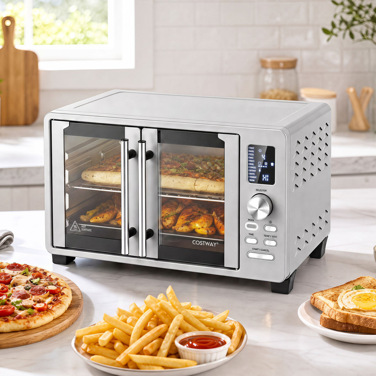 Silver toaster oven with French doors on a counter, with pizza, fries, and toast nearby.