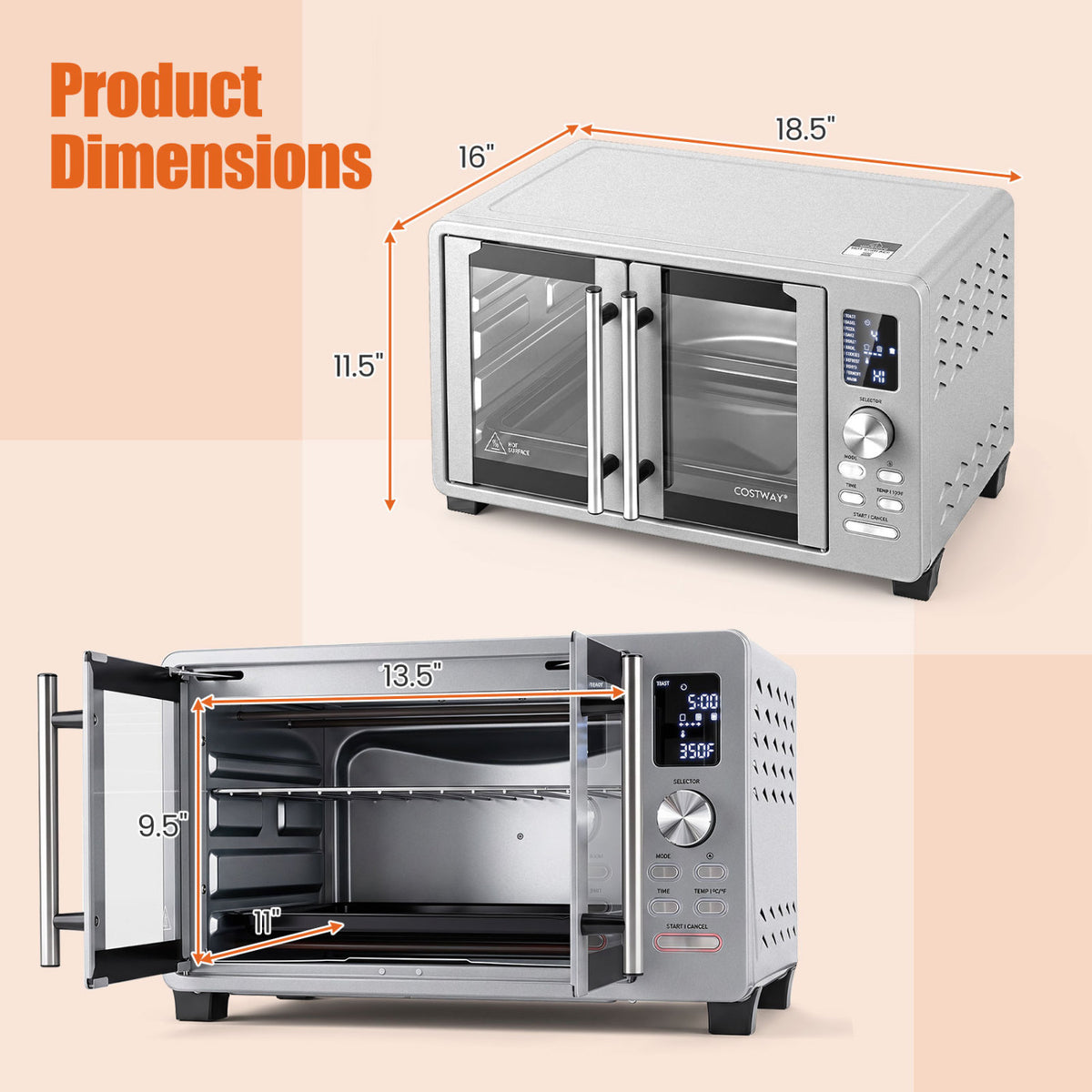 Toaster oven shown from the front and at an angle, with arrows marking its exterior and interior dimensions.