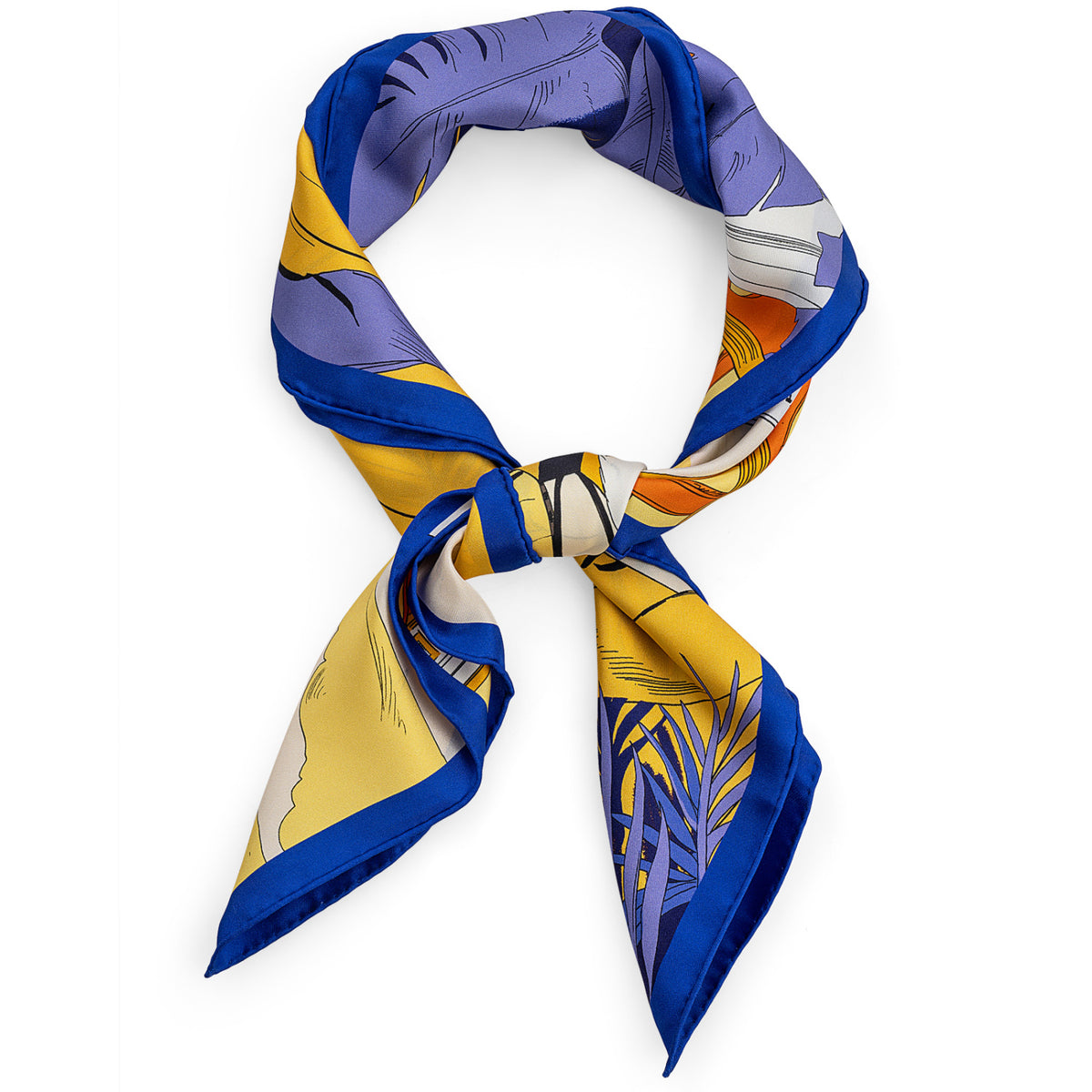 Blue-bordered scarf with yellow, lavender and orange illustrated panels, arranged in a loose knot.