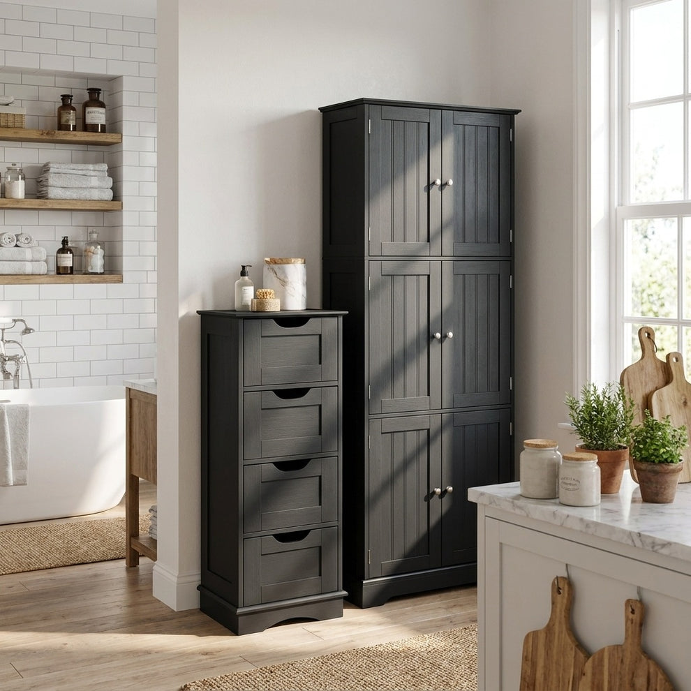 Black tall six-door cabinet and four-drawer cabinet set in a bright bathroom and kitchen interior