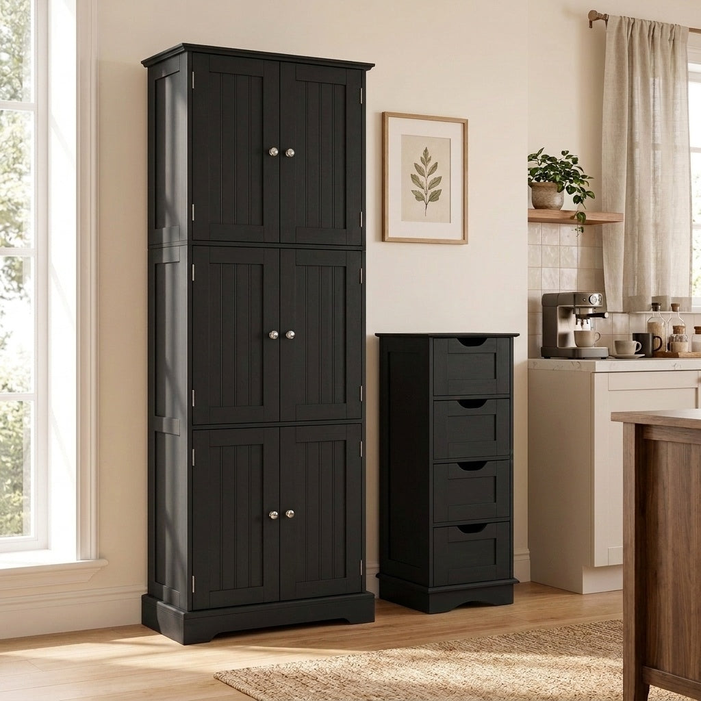 Black six-door cabinet and matching four-drawer cabinet displayed in a warm room