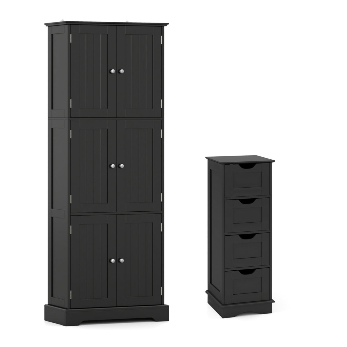 Black six-door cabinet and four-drawer cabinet shown against a white background