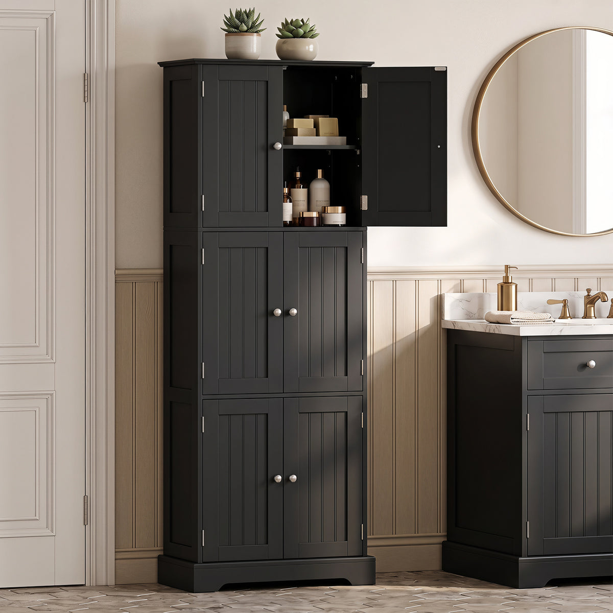 Black tall cabinet with one door open beside a partially visible matching cabinet