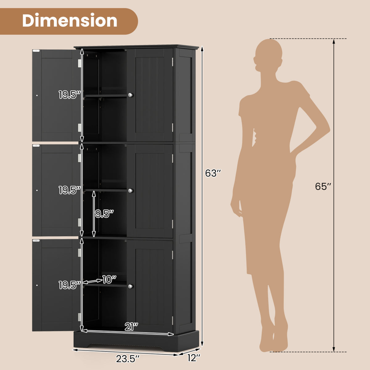 Dimension graphic showing the black tall six-door cabinet beside a height silhouette