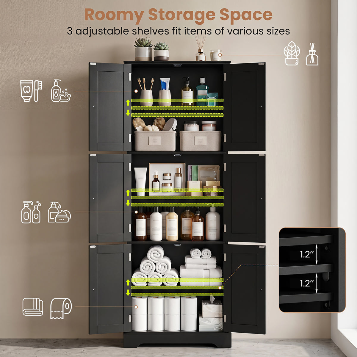 Open black cabinet with adjustable shelves displayed with storage items and feature callouts