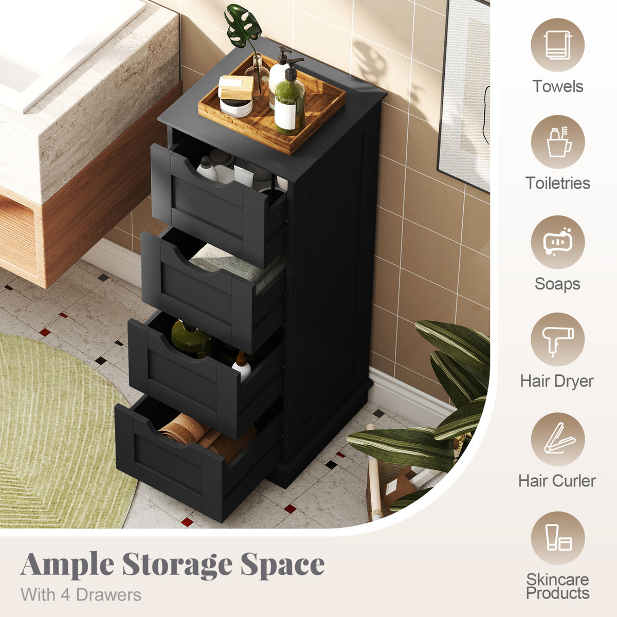 Black four-drawer cabinet beside a bathtub, with the drawers open and toiletries stored inside.