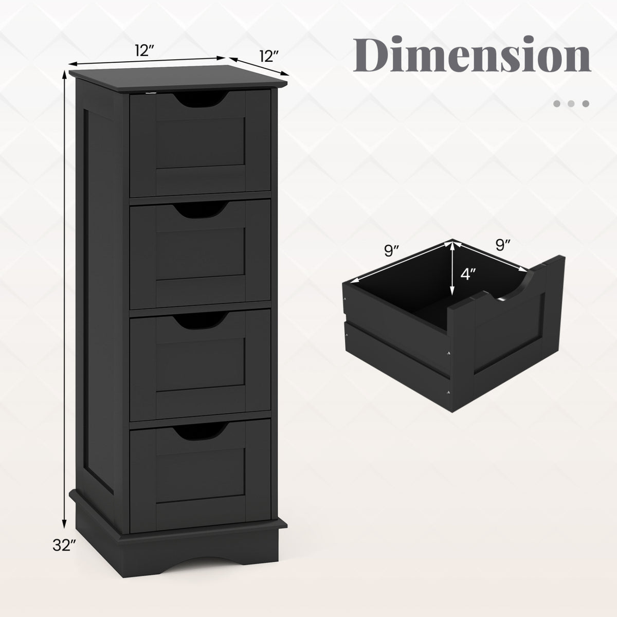 Black four-drawer cabinet shown beside an open drawer, with measurement arrows around both.