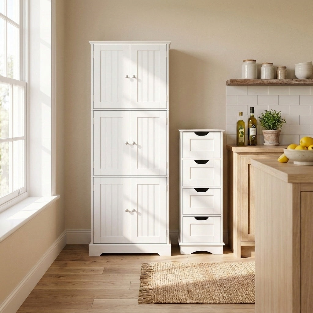 White tall cabinet and four-drawer cabinet arranged beside a wooden kitchen counter in a bright room.
