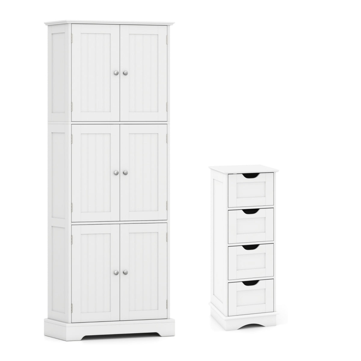 White tall paneled cabinet beside a narrow white drawer cabinet on a plain background.