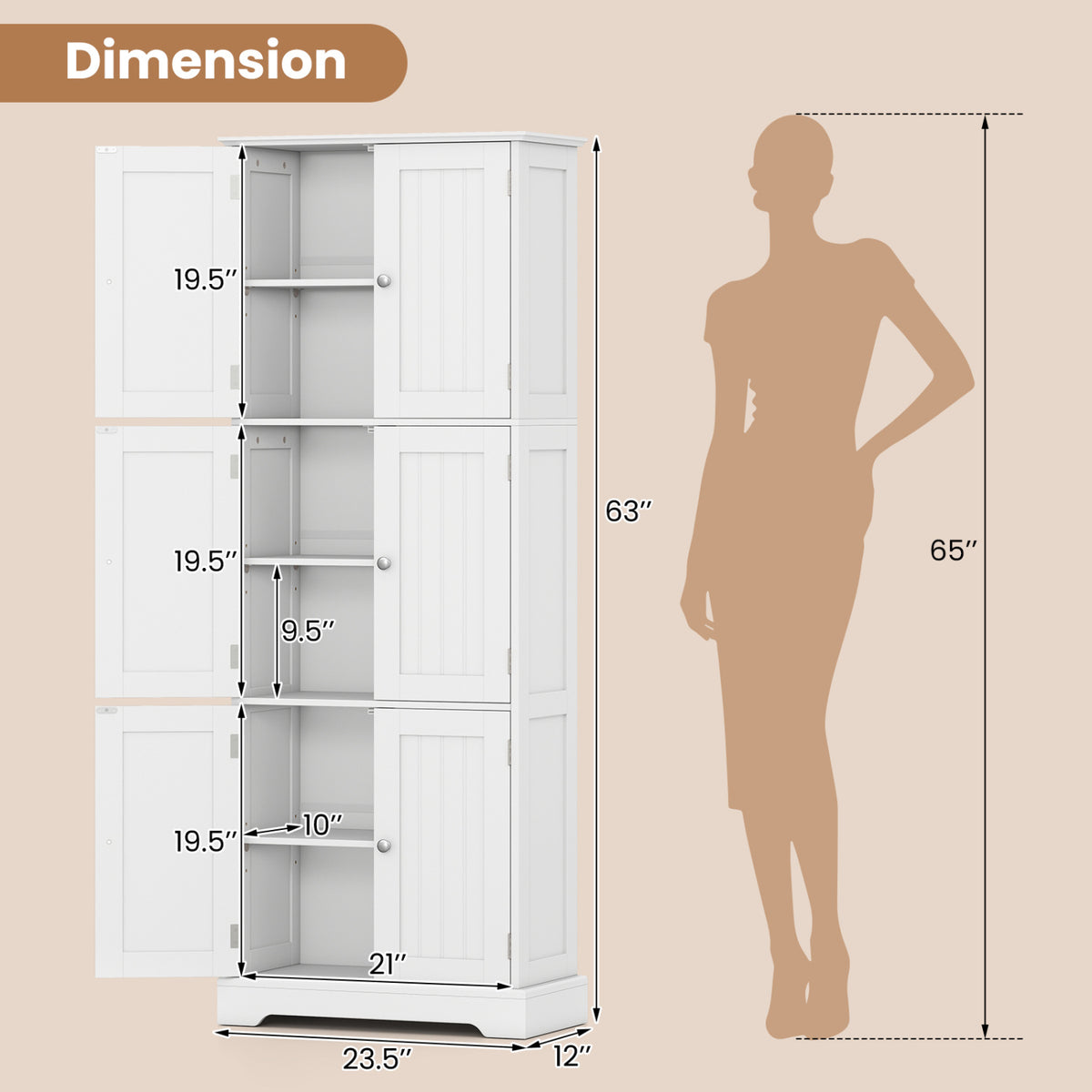 Tall white cabinet shown with doors open, interior shelves, measurement arrows, and a person silhouette for scale.