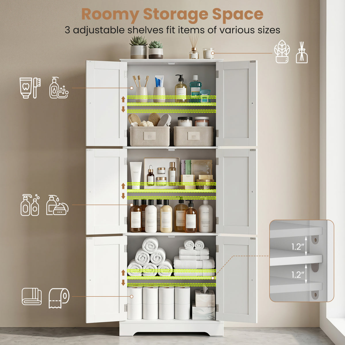 Open white cabinet displays toiletries, baskets, and towels on adjustable shelves, with a close-up inset.