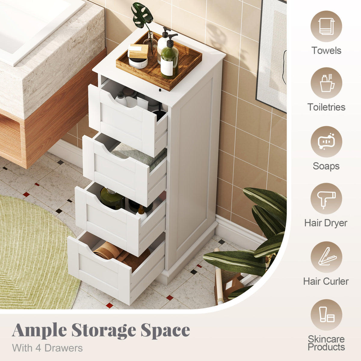 White four-drawer bathroom cabinet beside a wood-front vanity, with toiletries arranged on top and in open drawers.