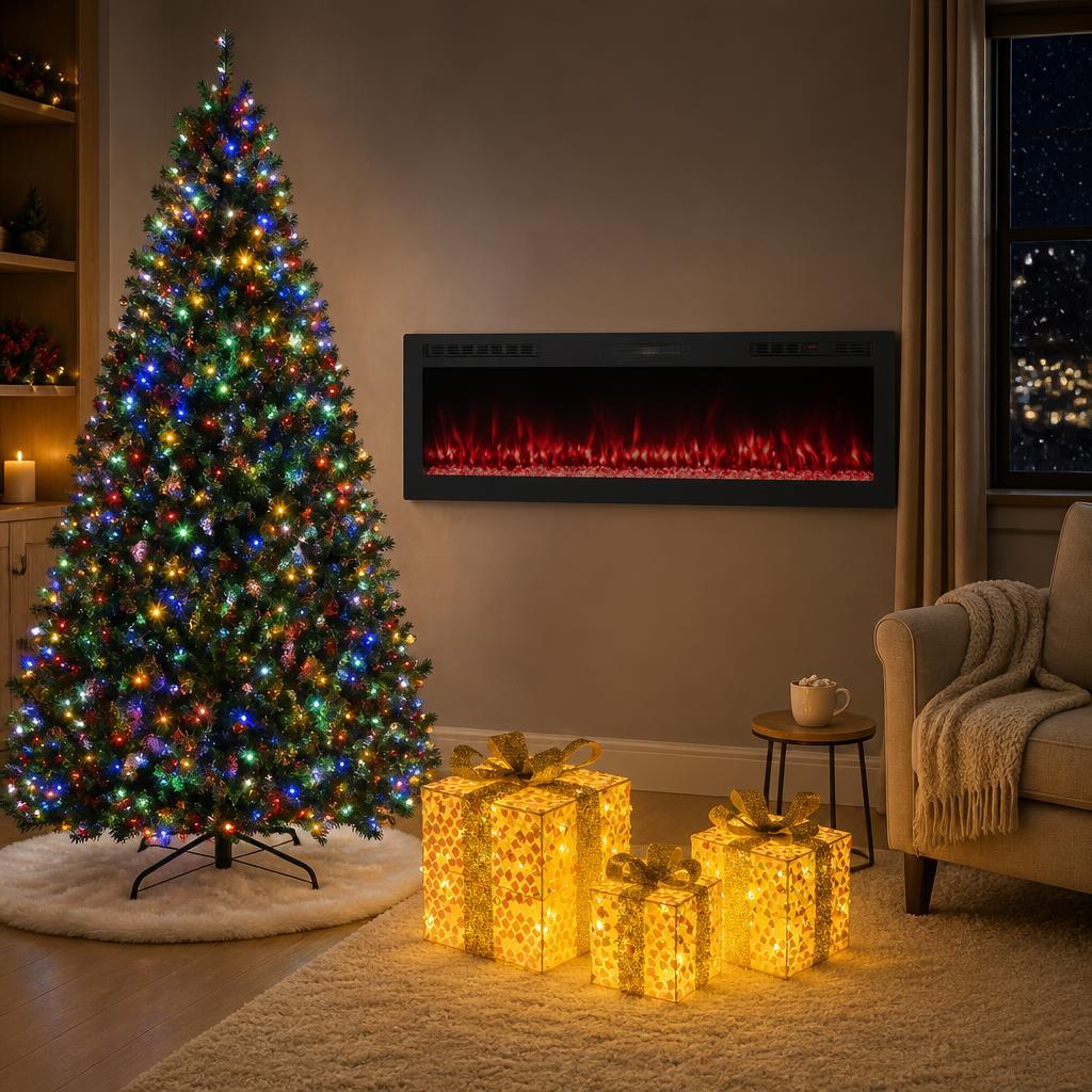 Complete Holiday Living Room Decor Set- Includes 60" Smart WiFi Electric Fireplace 7ft Artificial Christmas Tree & Set o
