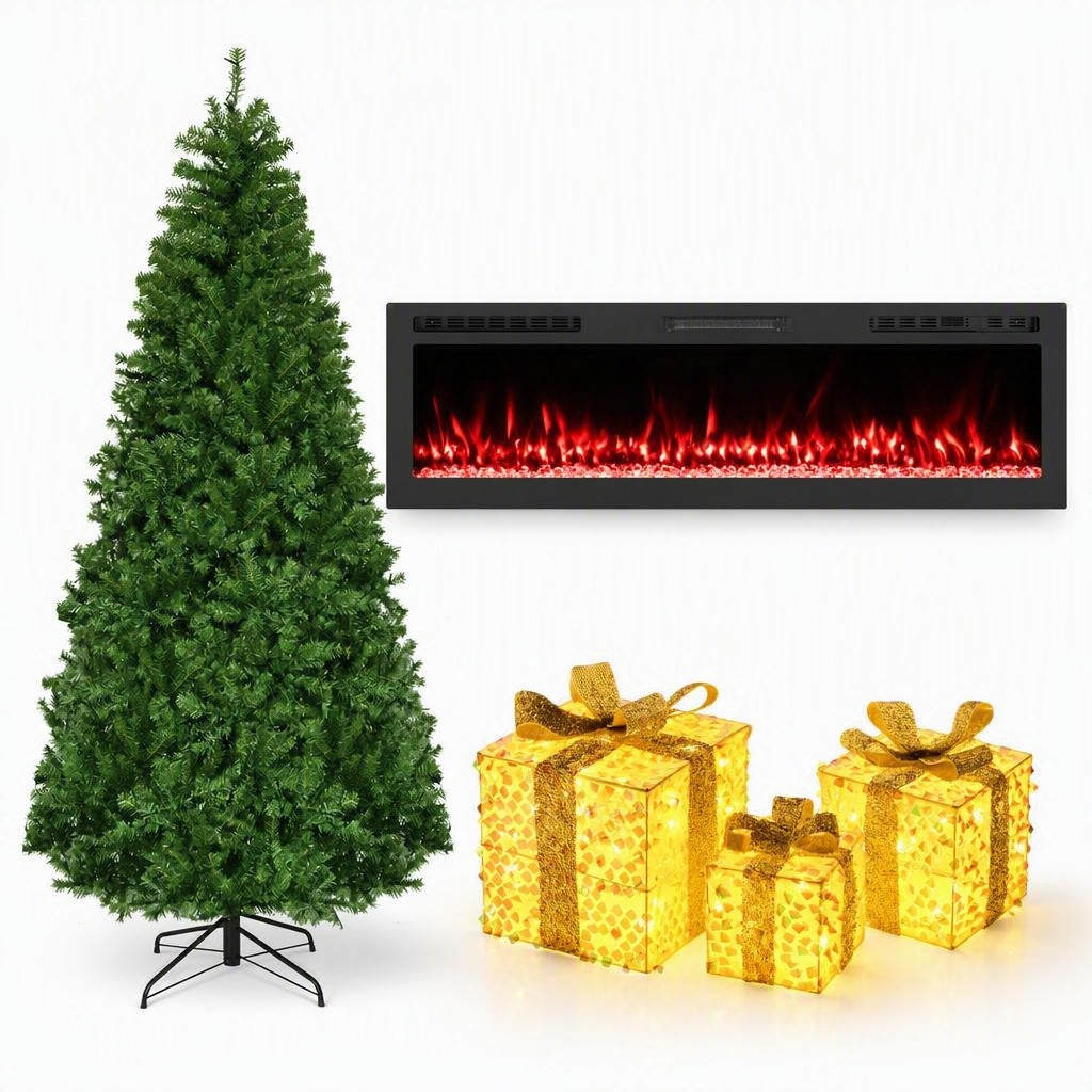 Complete Holiday Living Room Decor Set- Includes 60" Smart WiFi Electric Fireplace 7ft Artificial Christmas Tree & Set o
