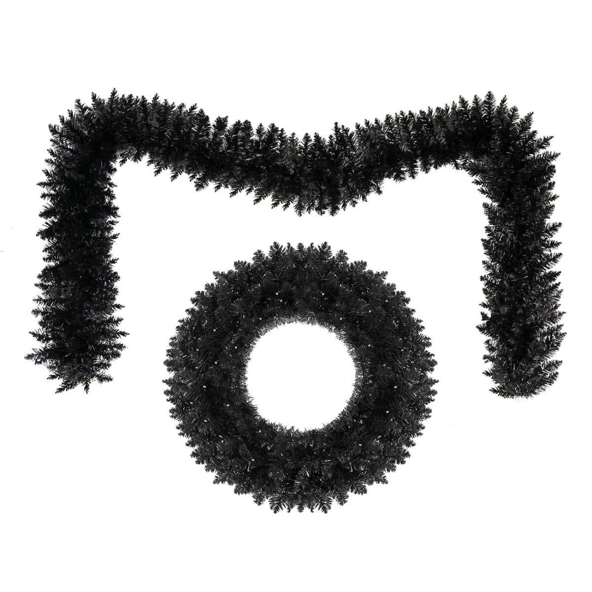 An unlit wreath and matching U-shaped garland are shown against a white background.