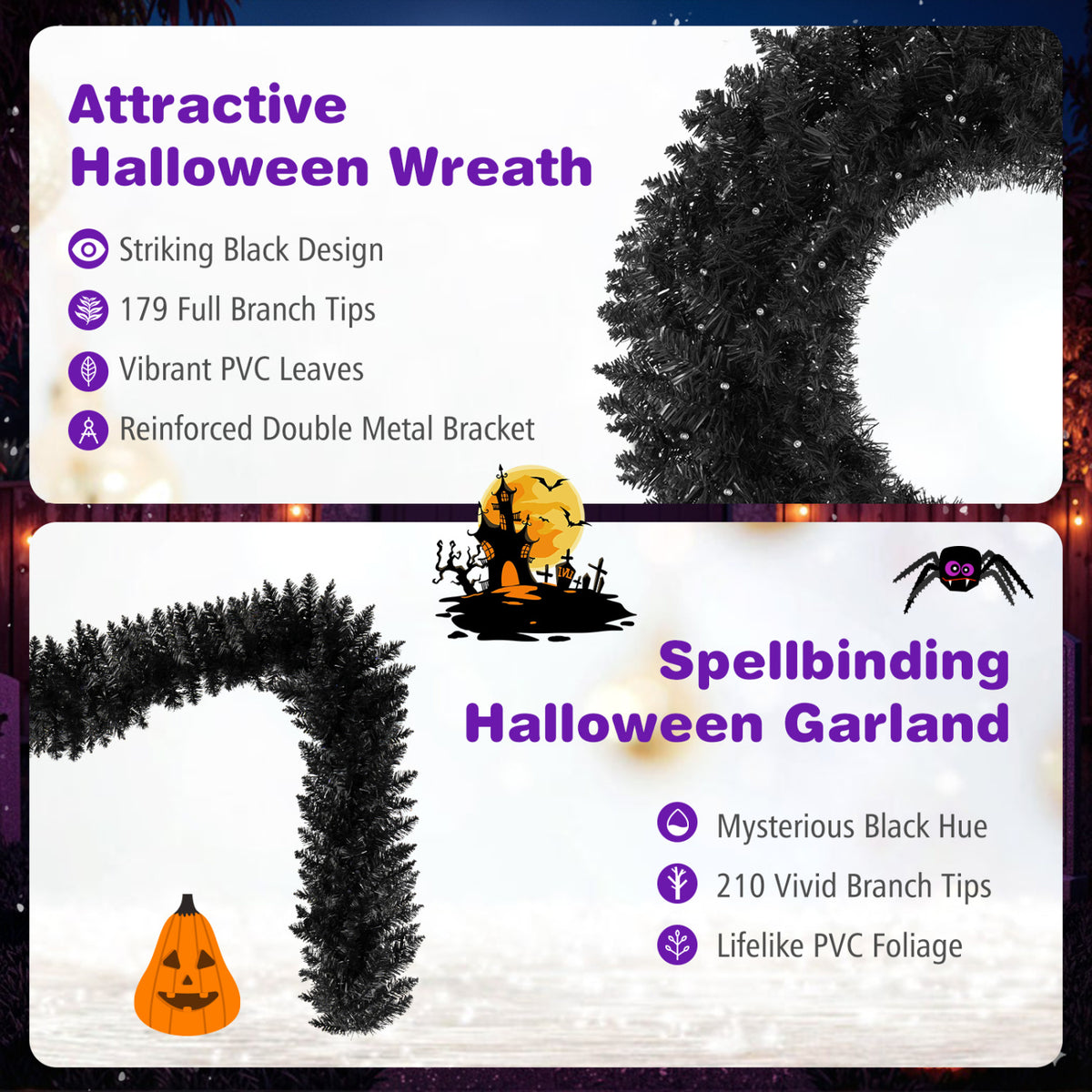 Close-up views of a black wreath and curved garland appear beside Halloween-themed illustrations.