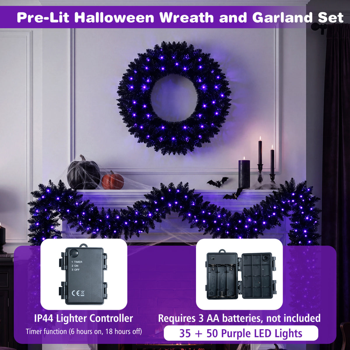 Blue-lit wreath and garland decorate a mantel, with battery controller images shown along the bottom.