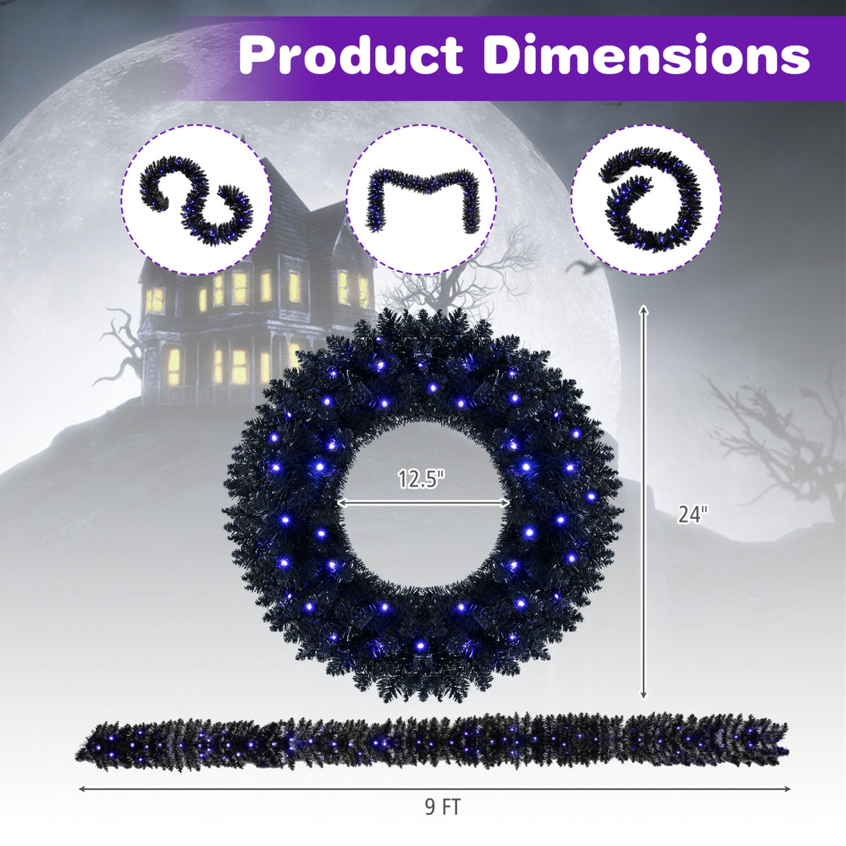 Black wreath and matching garland with blue lights shown against a misty Halloween backdrop.