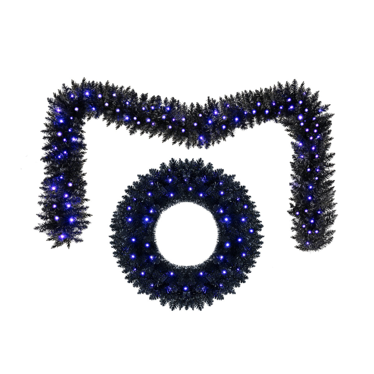 A blue-lit wreath and matching U-shaped garland are displayed against a white background.