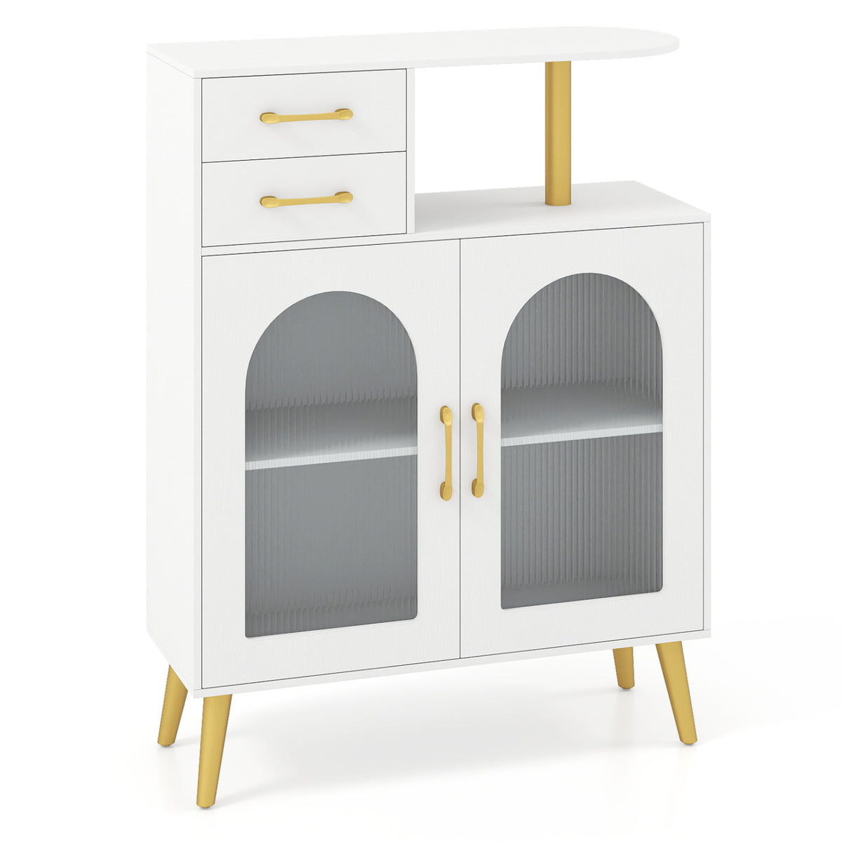 White sideboard with two drawers, arched translucent doors, gold handles, and tapered legs on a white background.