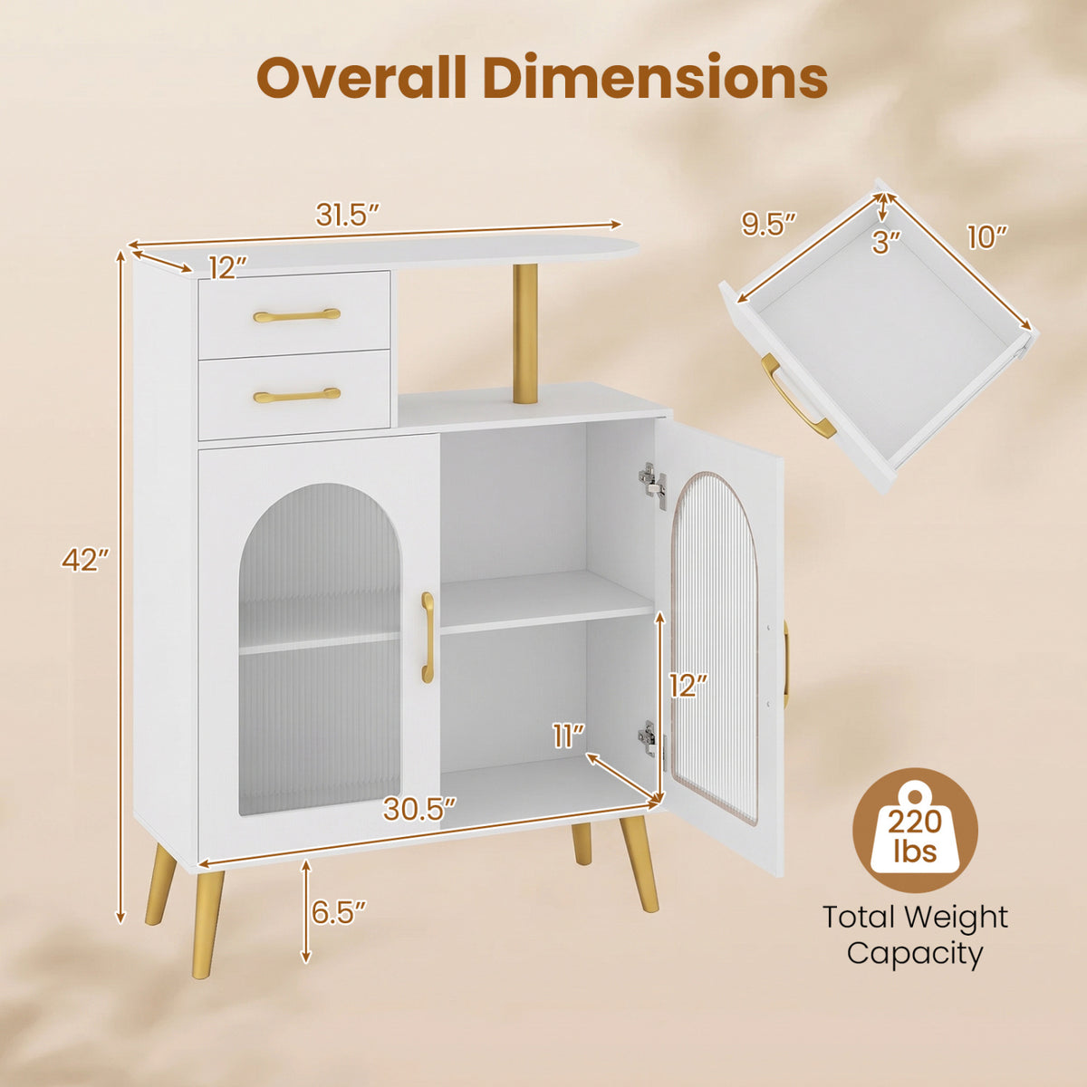 White sideboard shown with one door open and measurement arrows around the cabinet.
