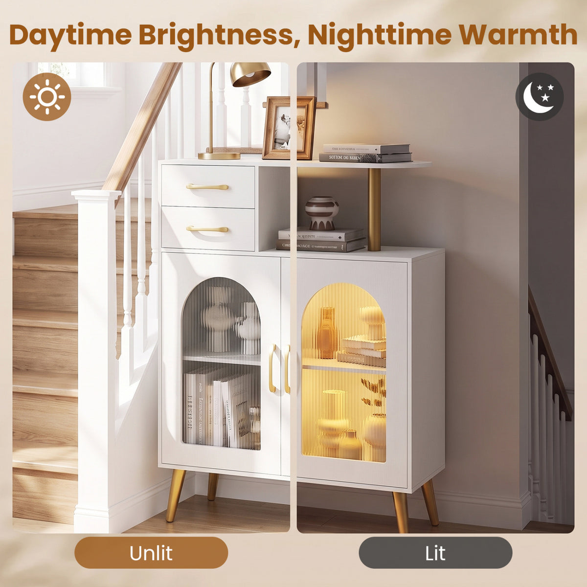 Sideboard shown in a split scene, with a cool unlit interior on one side and warm glowing doors on the other.