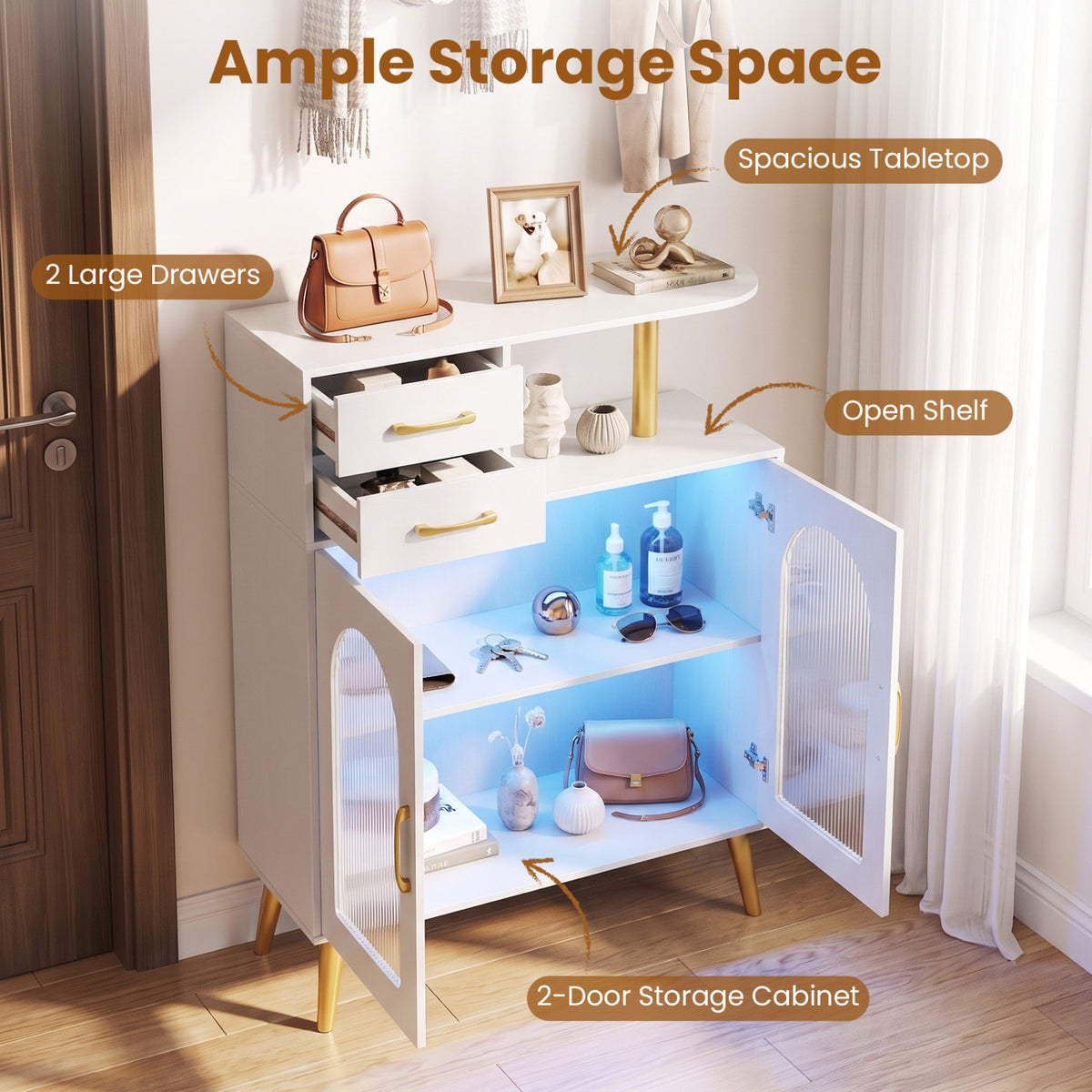 White sideboard with both cabinet doors open and two drawers pulled out, revealing its shelves and storage space.