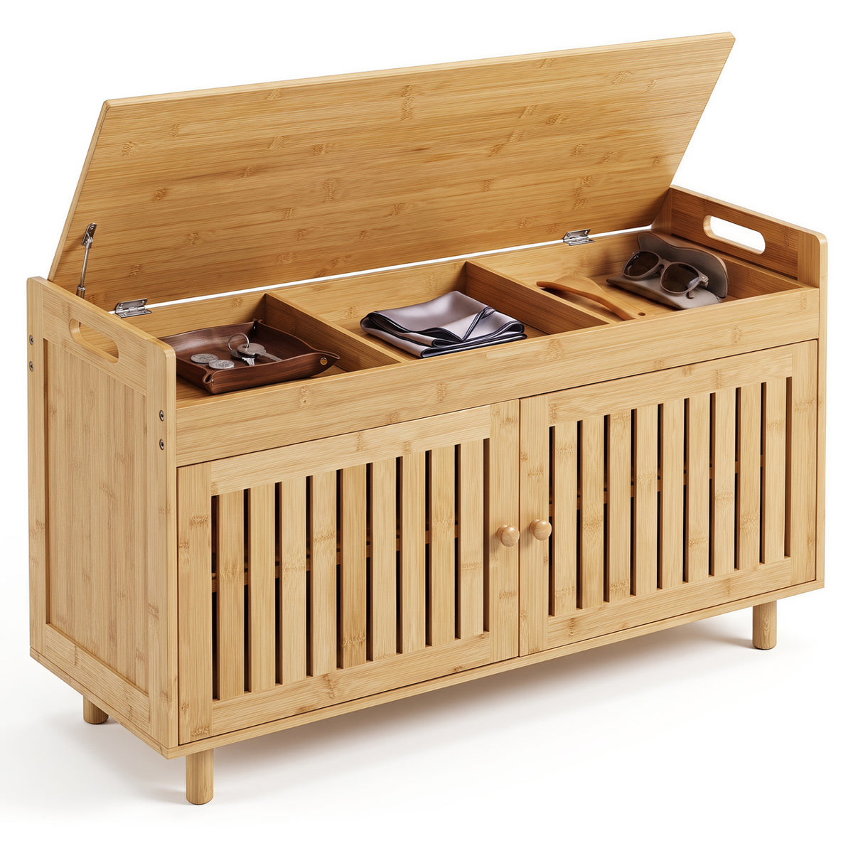 Bench shown with its lift-top lid open, revealing divided compartments above the slatted cabinet doors.