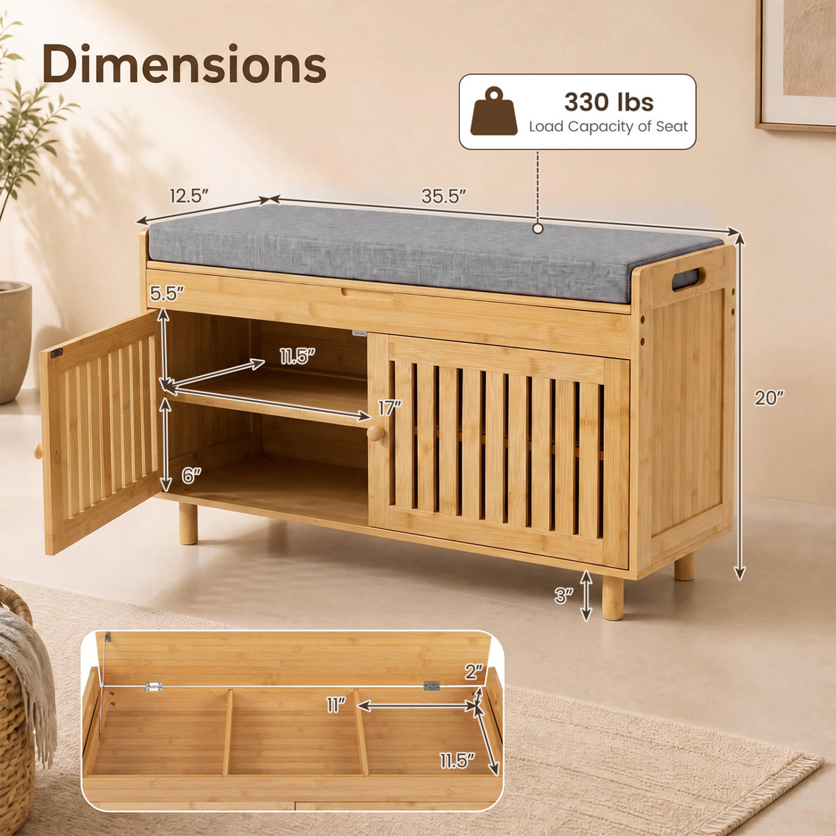 Bench with a cabinet door open, dimension arrows, and an inset view of the divided interior.