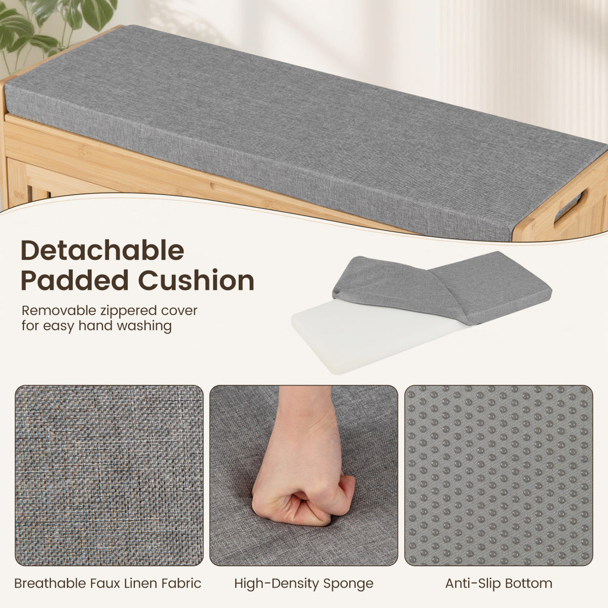 Gray padded cushion on a bamboo bench, with close-ups of its fabric, cushioning, and nonslip underside.