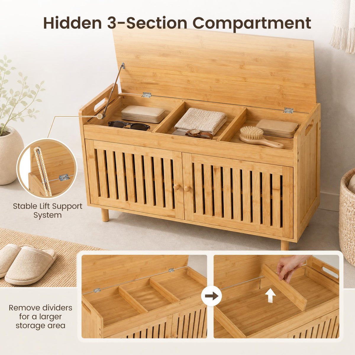 Bamboo bench with its lid raised, showing divided storage compartments and inset views of the dividers being removed.