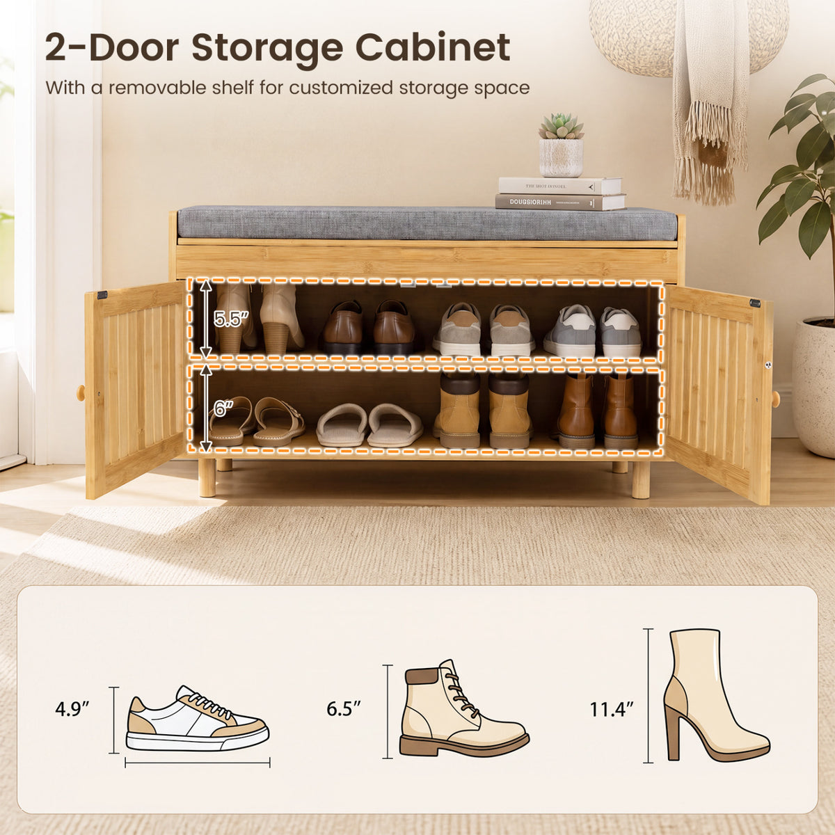 Bamboo bench with both doors open and shoes arranged on two shelves; shoe illustrations appear below.