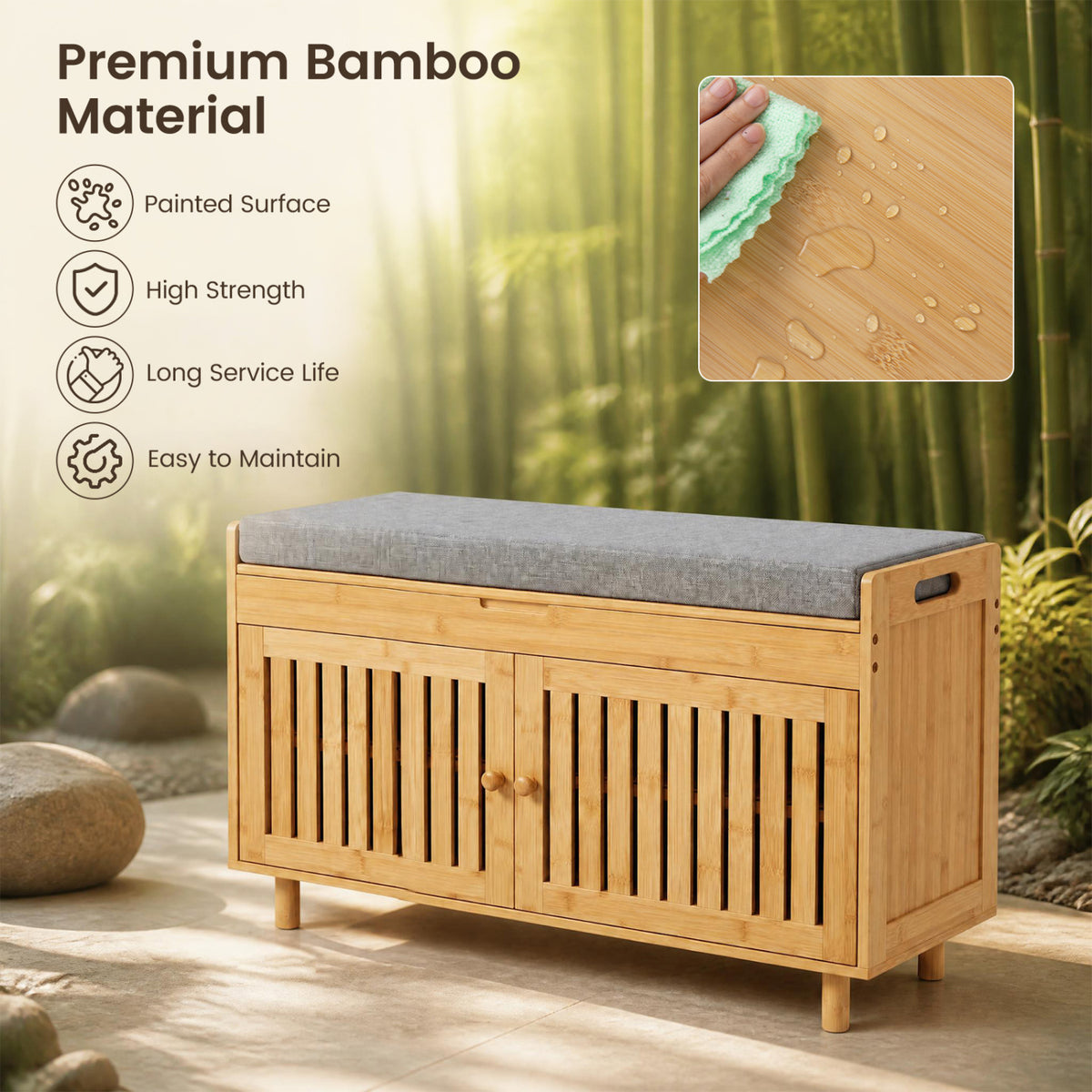 Bamboo bench with gray cushion and slatted doors, alongside an inset showing water droplets on its surface.