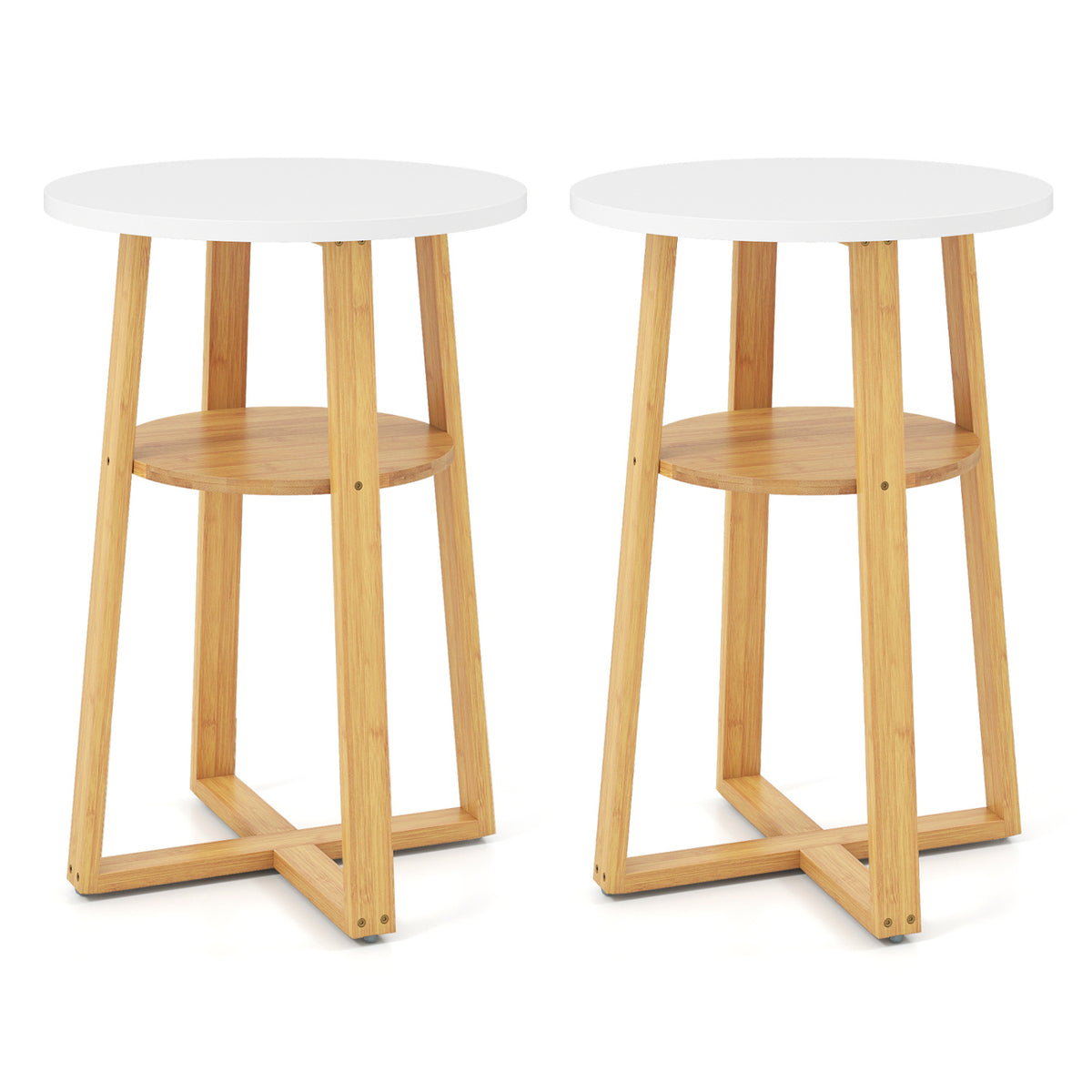 Pair of end tables shown against white, each with a white round top, lower shelf and natural wood X-shaped base.