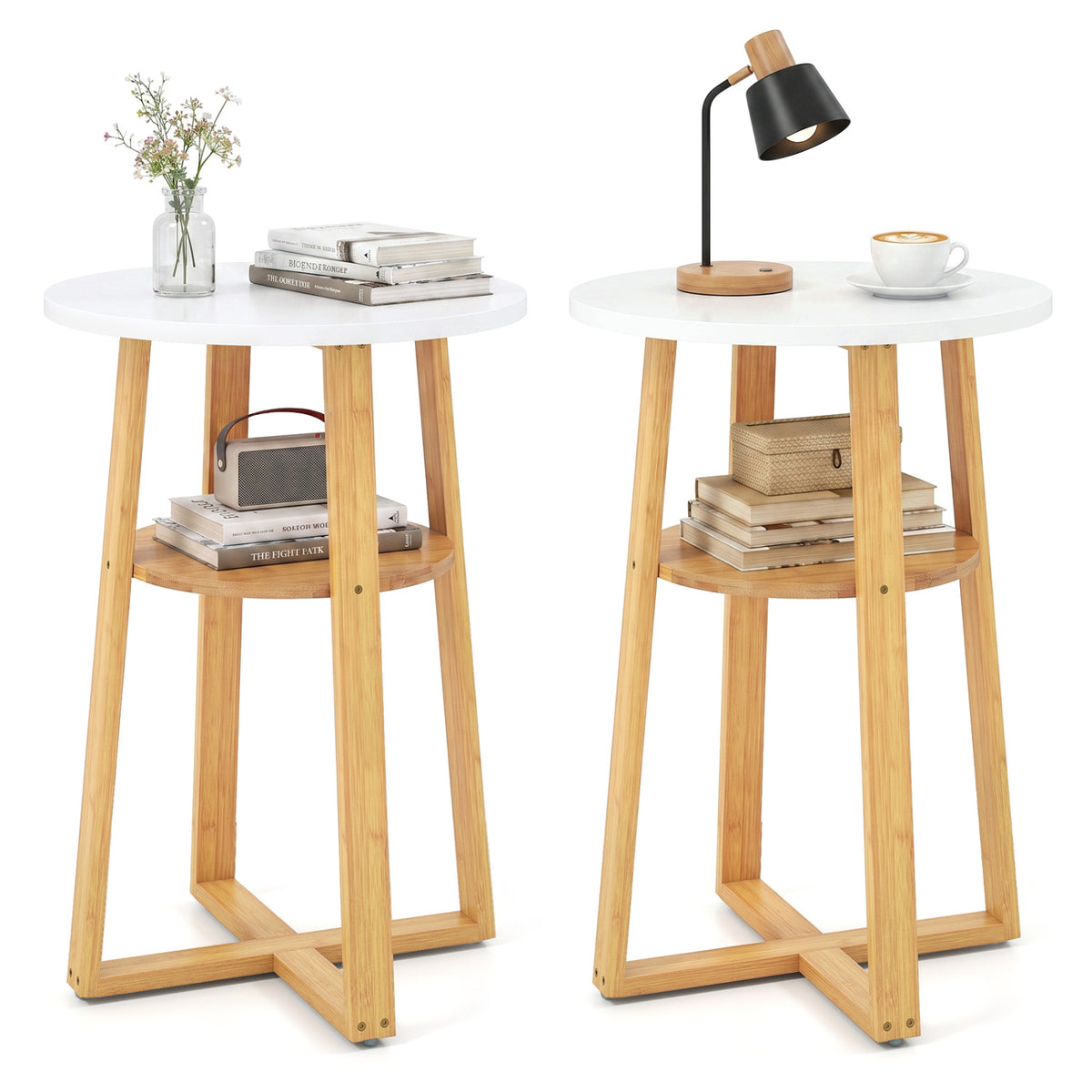 Two matching end tables display books and decor on their round tops and lower shelves.