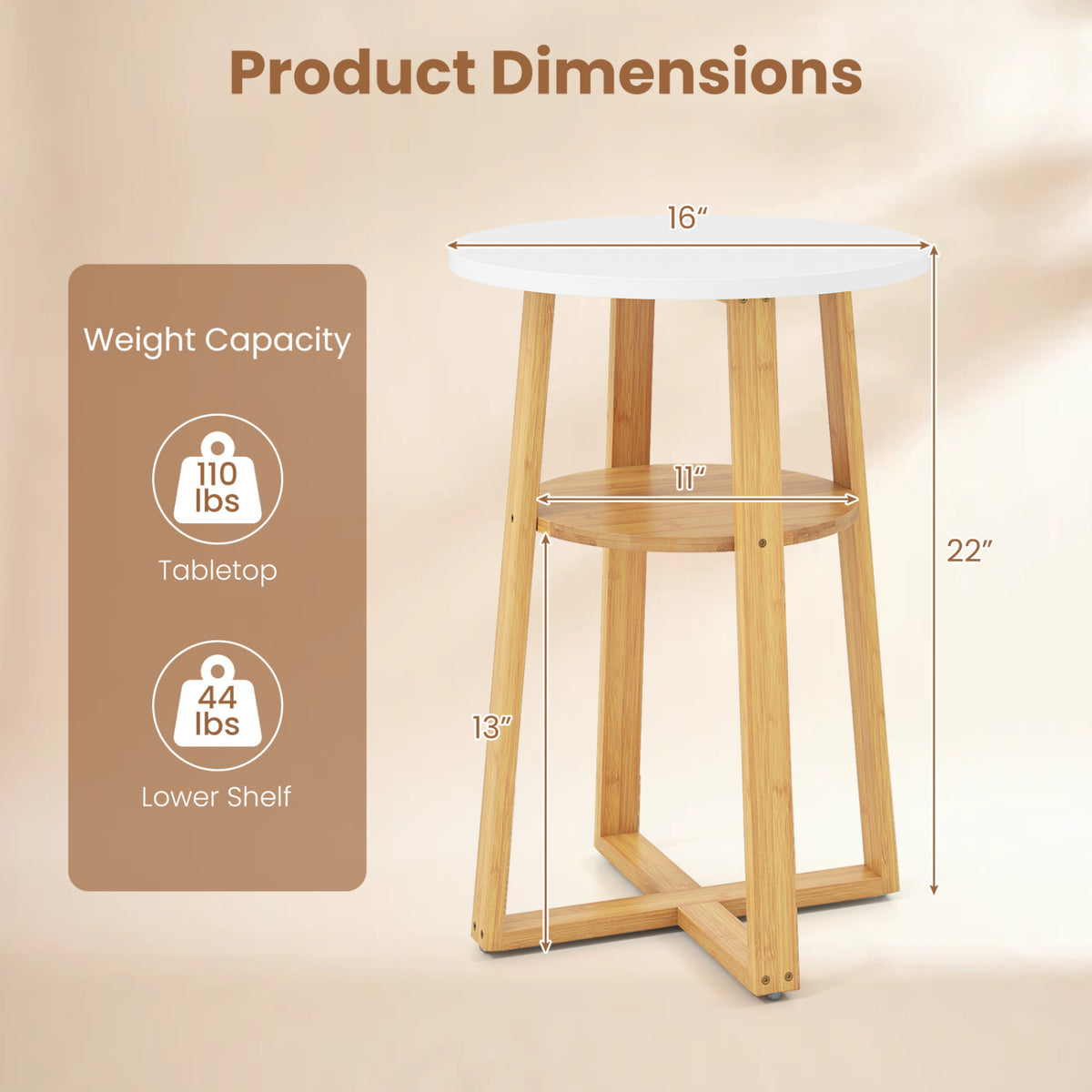 End table shown with measurement arrows and a weight-capacity panel.