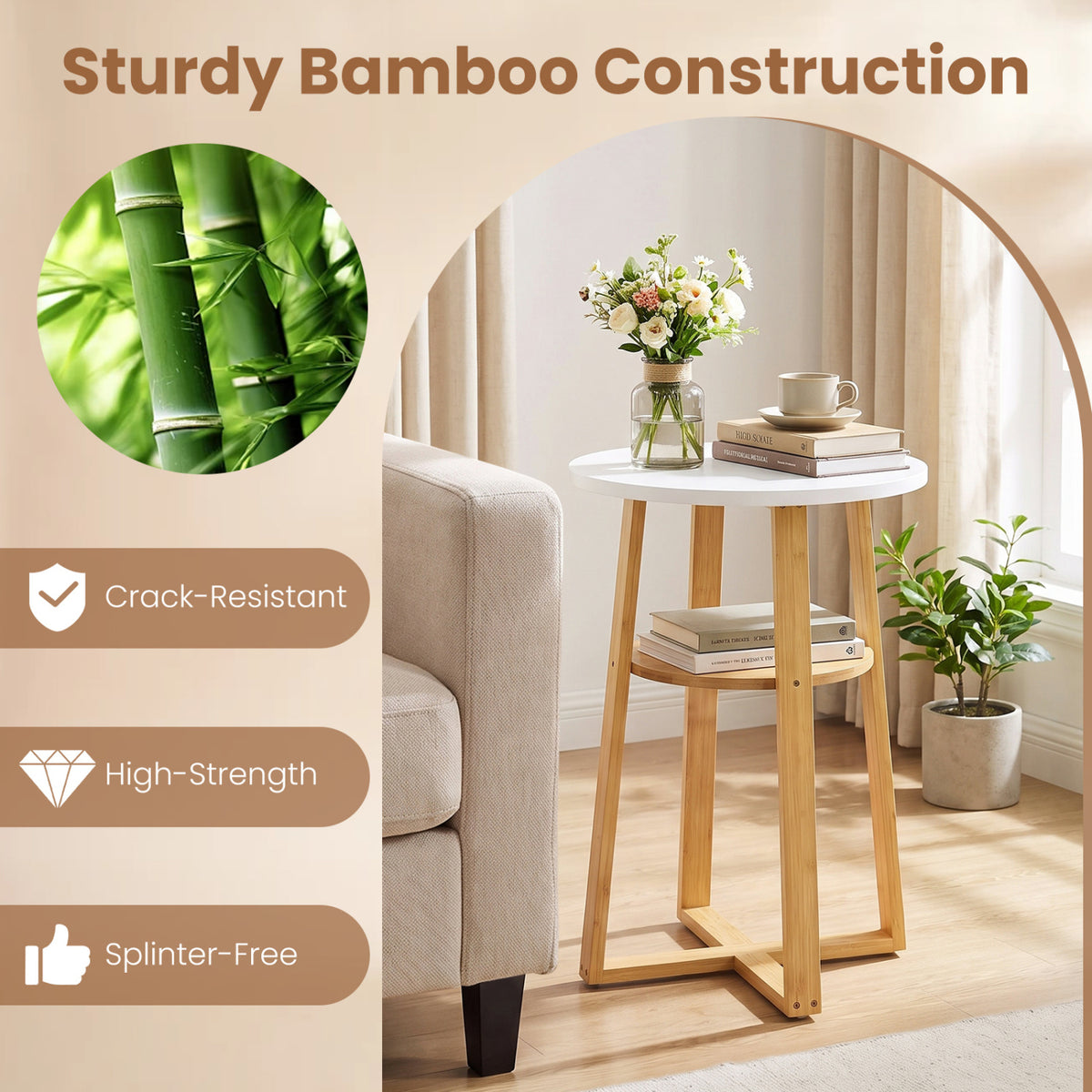 Two-tier table beside a sofa, with a circular bamboo image inset and three feature icons.