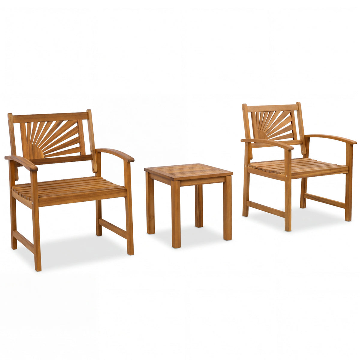 Natural acacia wood patio bistro set with two slatted armchairs and an empty square table